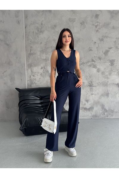 BlueTex Women's Navy Blue Palazzo Trousers Buttoned Short Crop Vest Double Striped Set