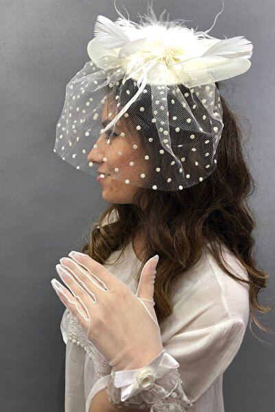 Hobigram Krem Puantiyeli Gelin Kepi Ve Büyük Fiyonklu Tül Gelin Eldiven Takım...