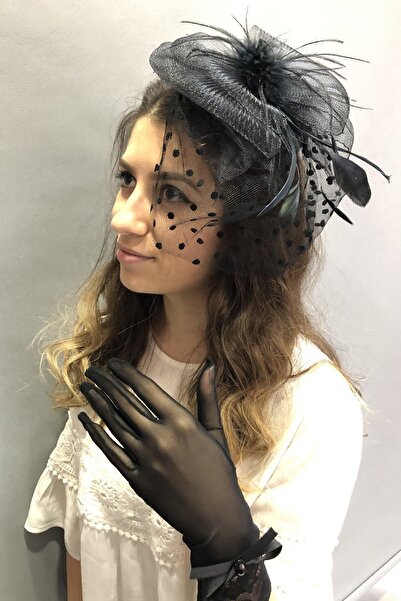 Hobigram Siyah Tüllü Fiyonklu Gelin Eldiveni Ve Siyah Puantiyeli Gelin Kep Ta...