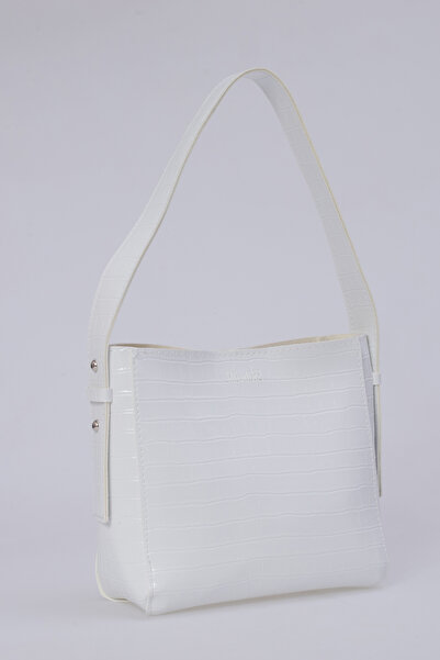 Kadın Beyaz Kroko Trend Çanta,Basit Çanta,Minimalist Troklu Omuz Çantası Çanta El Çanta
