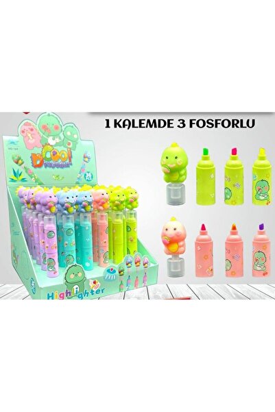 Modellino 3 Renk 1 Arada / 1 Kalemde 3 Renk Sevimli Dinozor Fosforlu Kalem MD...