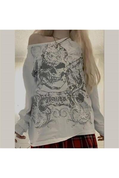 Karakedi Beyaz Omuz Açık Skull Pattern Uzun Kollu Sweatshirt