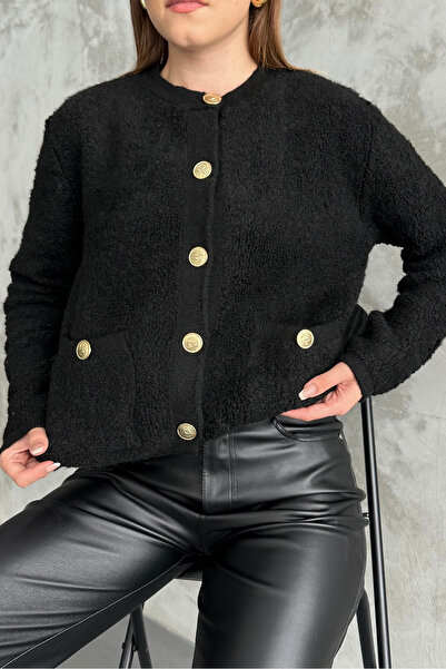 macharel jeans Black Curly Knitted Buttoned Sweater Cardigan with Pockets