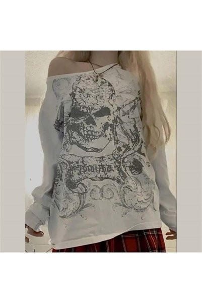 Karakedi Beyaz Omuz Açık Skull Pattern Uzun Kollu Sweatshirt