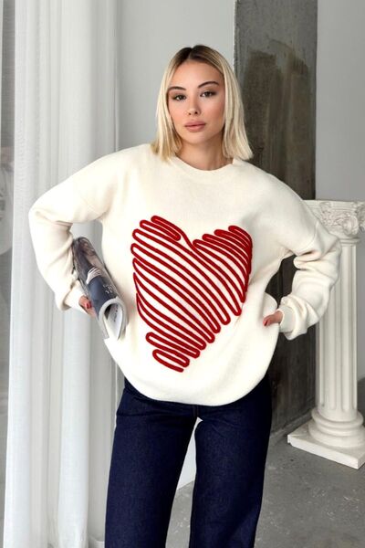 Hazinedan Women's Black Embossed Big Heart Knitwear Sweater