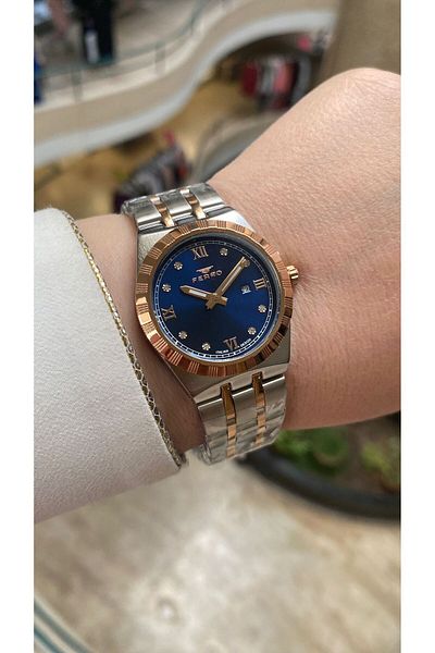 FERRO Quartz Steel Rose/Gray Navy Blue Dial 32 mm Women's Wristwatch (with Bracelet Gift)