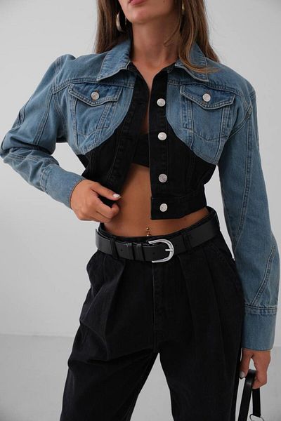 Le'amore Jachetă de blugi dublă culoare crop albastru negru