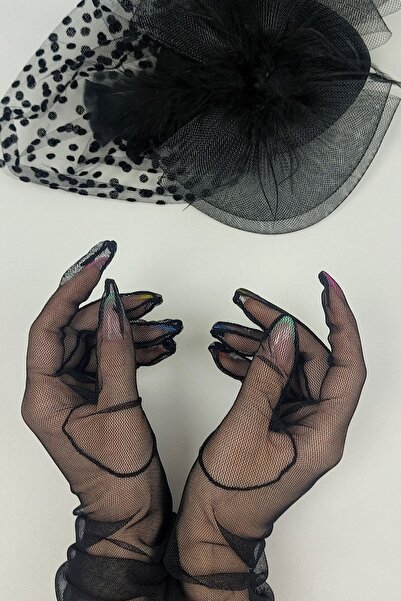 Hobigram Siyah Uzun Tüllü Gelin Eldiveni Ve Siyah Puantiyeli Nikah Şapkası Ta...