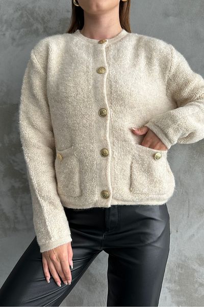 macharel jeans Ζακέτα με κρεμ πλεκτή πλεκτή τσέπη με κουμπιά