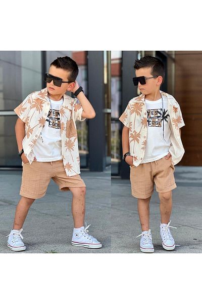 RAPAPA Boy's Shorts Set - Muslin Palm, 3 Pieces, Bottom Top Set 11613