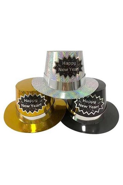 Parti Dükkanım New Year Happy New Year - Silver Trilby Cap with Hologram 1 Piece