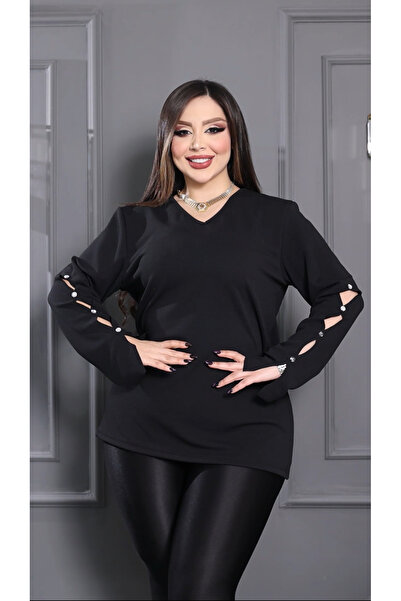 HÜLYA BUTİK Büyük beden kadın siyah v yaka kol biritli taşlı bluz