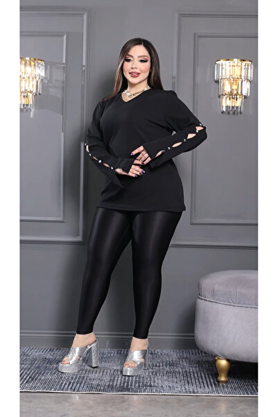 HÜLYA BUTİK Büyük beden kadın siyah v yaka kol biritli taşlı bluz