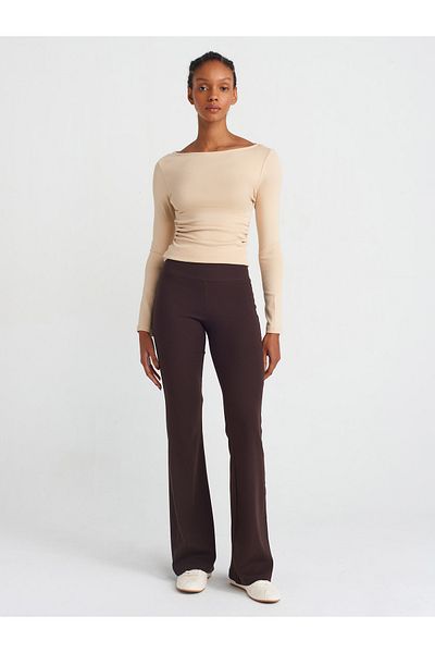 Dilvin 71054 Ribbed Spanish Leg Pantalon-Dark Brown