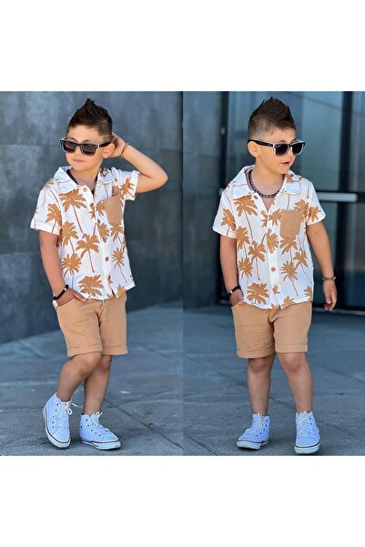 RAPAPA Boy's Muslin Palm Summer Bottom Top Shirt Shorts Set 11611