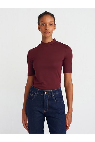 Dilvin 30481 High Collar T-Shirt-Burgundy