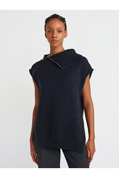 Dilvin 10667 Model Anthracite Knitwear Sweater - Zippered Collar