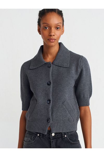 Dilvin 60285 Polo Neck Smoked Knitwear Cardigan with Buttons and Pockets