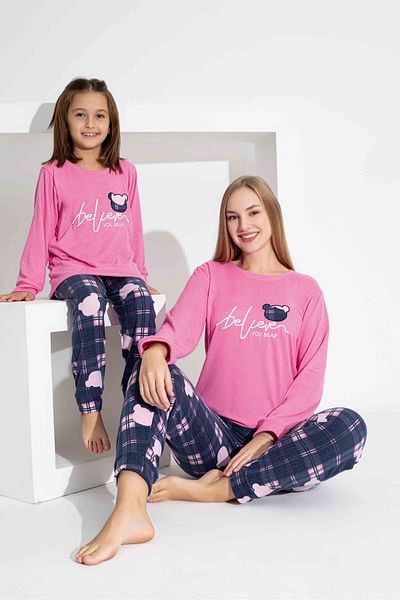 Tarık Γυναικείο σετ πιτζάμες με ροζ καρό μοτίβο Mother Daughter συνδυασμένο θερμικό ύφασμα χειμωνιάτικο ζεστό