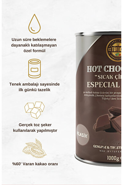 By Tüfekçi Sıcak Çikolata (HOT CHOCOLATE) – %40 Kakao Oranı, Gerçek Şeker, 1000 G Teneke Ambalaj
