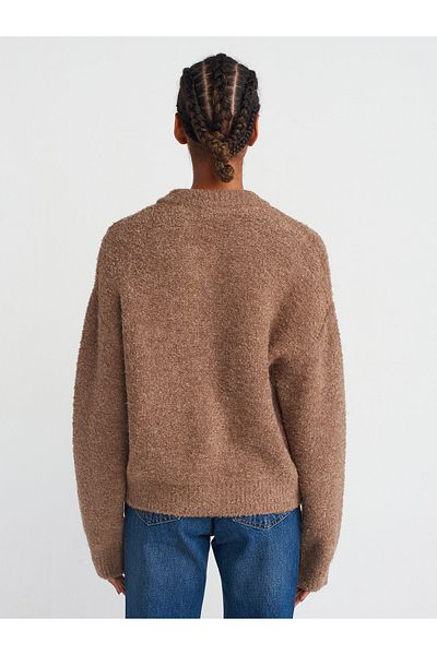 Dilvin 60276 V-Neck Buttoned Boucle Knitwear Cardigan-Mink