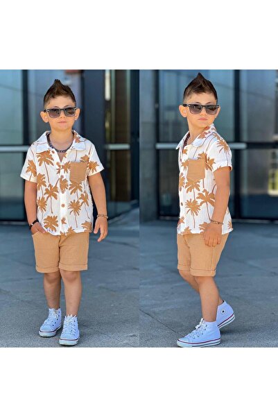 RAPAPA Boy's Muslin Palm Summer Bottom Top Shirt Shorts Set 11611