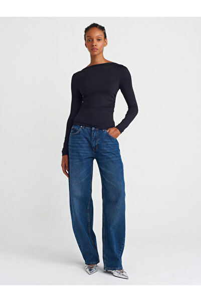 Dilvin 31415 Uzun Kollu Asimetrik T-shirt-Siyah