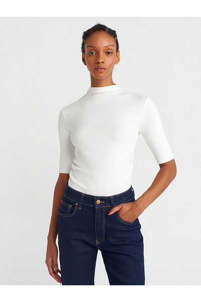 Dilvin 31470 Ecru Stand Collar Shirred T-Shirt