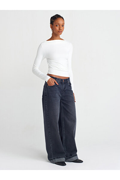 Dilvin 31415 Ecru Asymmetrical Long Sleeve T-Shirt