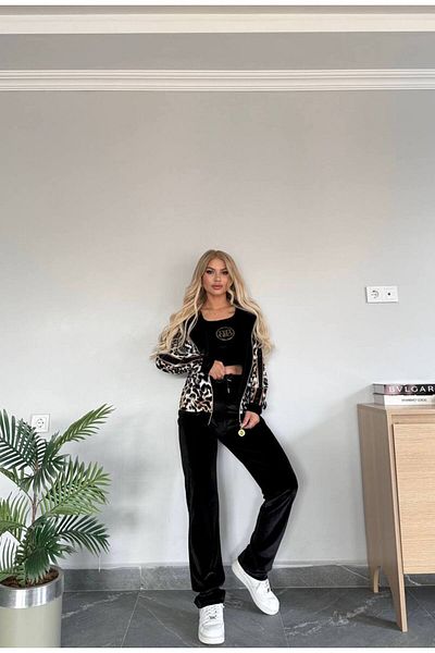 bonibon butikk طقم نسائي مخملي أنيق بطبعة جلد الفهد مكون من 3 قطع