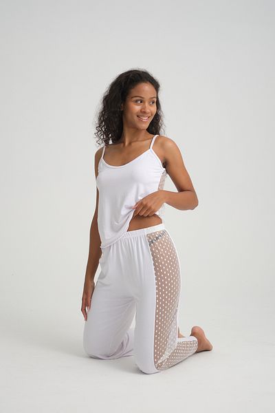 Rasabeauty White Strappy Pajama Set - Rasa Bamboo and Tulle Detailed