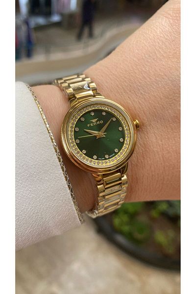 FERRO Quartz Steel Gold Color Green Dial 28 mm Women's Wristwatch