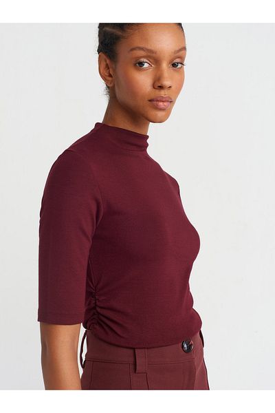 Dilvin 31470 Stand Collar Drawstring T-Shirt-Claret Red
