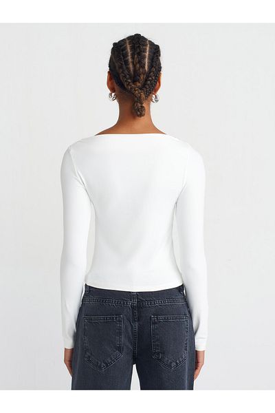 Dilvin 31415 Ecru Asymmetrical Long Sleeve T-Shirt