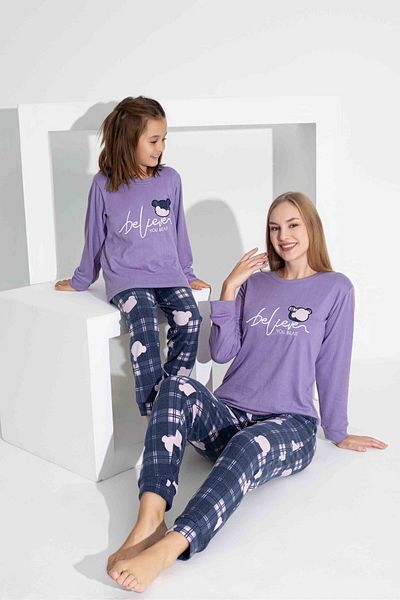 Tarık Women's Lilac Plaid Pattern Mother Daughter Combination Thermal Cloth Winter Warm Sleepwear Set