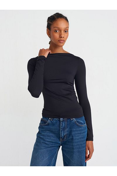 Dilvin 31415 Long Sleeve Asymmetrical T-Shirt-Black