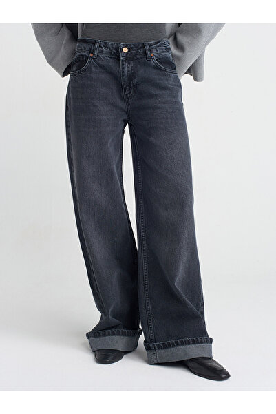 Dilvin 71743 Pantaloni din denim cu croi lat și ondulați-negri