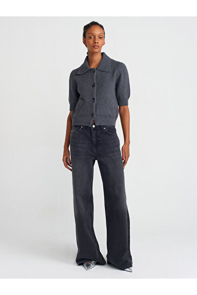 Dilvin 60285 Polo Neck Smoked Knitwear Cardigan with Buttons and Pockets