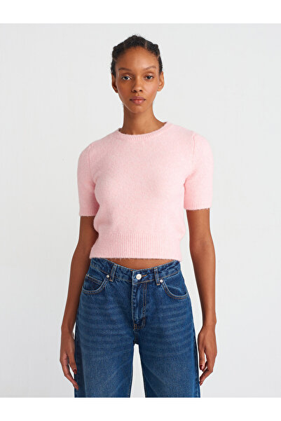 Dilvin 10651 Pulover de tricotaj cu mânecă scurtă, cu textura moale, decolteu, roz