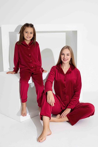 Tarık Women's Front Buttoned Long Sleeve French Velvet Fabric Mother-Daughter Combination Winter Warm Pajamas Set