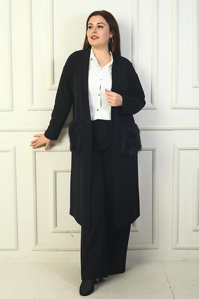 By Saygı Women's Large Size Crepe Cardigan with Sheepskin Pockets and Side Slits
