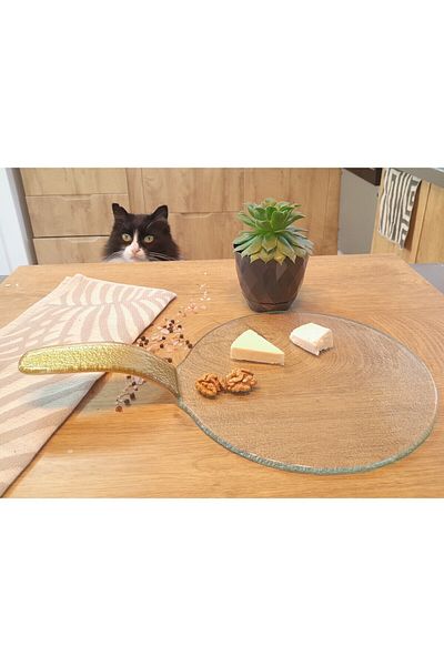 Zuzu Gold Glass Serving Plate with Gold Handle - 38x23 Cm