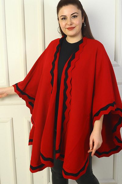By Saygı Women's Laser Cut Stripe Large Size Acrylic Poncho