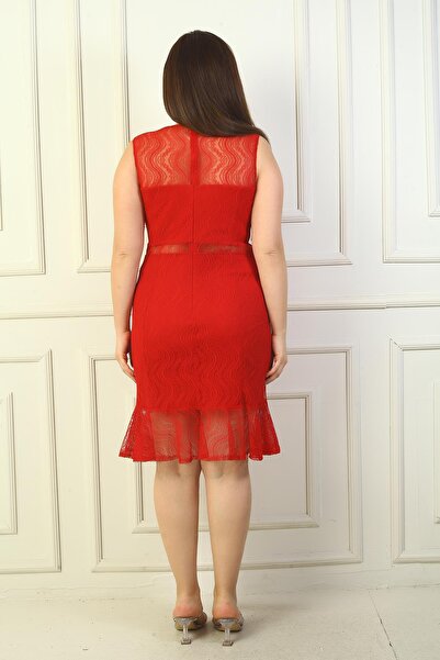 By Saygı Women's Front Beading Embroidered Skirt Flounce Lined Plus Size Lace Dress