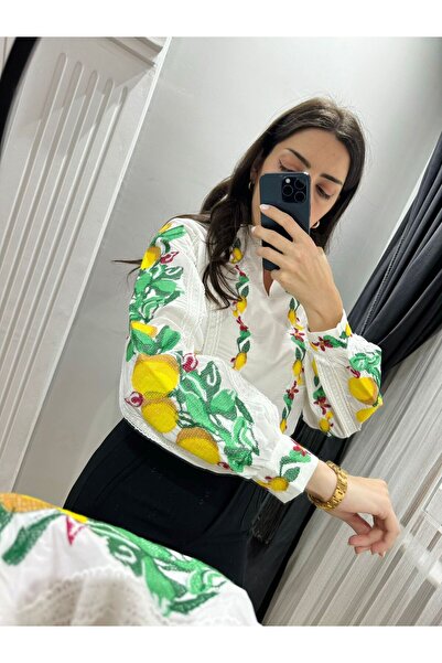 Ateilerdijle Brodat cu lămâie - Bluză elegantă cu detaliu scoici