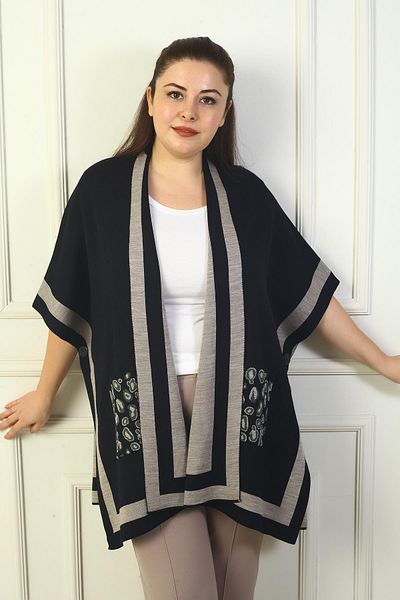 By Saygı Women's Side Button Detailed Stripe Pockets Leopard Print Plus Size Poncho