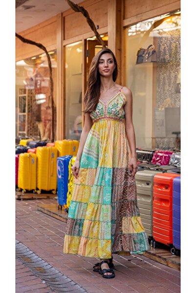 Miss Boheme Bohem Tropikal Desenli İpek Elbise