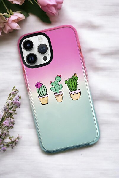 mooodcase iPhone 13 Pro Max Uyumlu Üçlü Kaktüs Desenli Premium Rainbow Silikonlu Telefon Kılıfı
