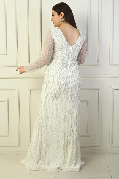 By Saygı Front Back V Neck Sleeves Tulle Lined Rhinestone Long Plus Size Dress