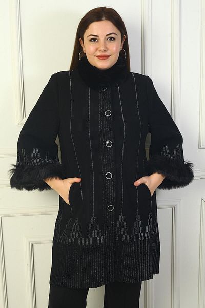 By Saygı Women's Portable Fur Collar Buttoned Front Pocket Silvery Pyramid Print Large Size Cardigan